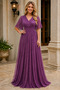 Women's Double Breasted Collar Short Sleeve Tulle Sleeve Lycra Stretchy Glitter Lined Long Plum Evening Dress - 5