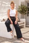 Italian Black Pocketed Belted Elastic Waist Wide Leg 100% Linen Woven Trousers 97 64 - 3
