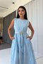 Sleeveless Gathered Waist Gold Belt Detail Dress - Blue - 3
