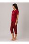 Women's Burgundy Plaid Capri Pajama Set Crew Neck Short Sleeve Casual Home Wear (P100-887) - 2