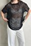 Black Sequined Mercerized Mesh Blouse - Shimmering Transparent Textured Women's T-Shirt / Top