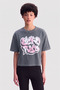 Lila Loose Fit Crew Neck Printed 100% Cotton Women's Gray T-Shirt