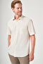 Beige Hard Collar Short Sleeve Pocketed Comfort Fit Cotton Shirt 1004260258 - 3