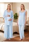 New Season Blue Lace Detailed Buttoned Design Wide Straps 100% Cotton Maternity Pajama Set 3-Piece Set - 2