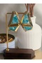 Turquoise Patterned Geometric Women's Steel Earrings |   Gold Color Modern Design - 3