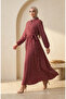 Half-Buttoned Elastic Waist Striped Dress 0320-10 Claret Red - 2