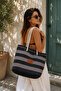 Women's Smoked Gray Striped Beach Bag with Rope Handle Large Size Canvas Beach Tote Bag - 2