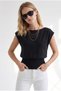 Women's Black Boat Neck Belted Seasonal Cotton-Blend Blouse Blz-19003388 - 4