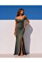 Khaki Glittery Boat Neck Slit Fish Model Evening Dress 582013