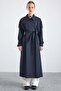 Water Repellent Trench Coat with Stand Collar, Patch and Epaulet Details Navy Blue 6878 - 5