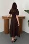 Women's Brown Midi Rose Appliqué Balloon Sleeve Round Neck Lined Event Dress - 5