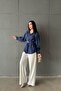 Women's Navy Blue Modal Shirt with Belt, Buttoned Balloon Sleeves, Cuffed Long Sleeves - 3