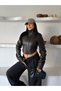 Trend Street Wear Belden Oturmali Korse Detail Crop Leather Jacket Coat -Trendy Streetwear Fitted Faux Leather Cropped Jacket with Corset Detail