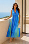 Blue Watercolor Patterned Halter Neck Double Breasted Collar Lined Maxi Dress - 2