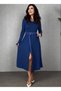 Women's Navy Blue V-Neck Long Sleeve Belted Cuff Detailed Slit Flared Midi Dress - 3