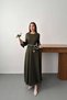 Women's Khaki Long Balloon Sleeve Belted Pocketed Flared Round Neck Dress