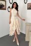 Women's Powder Halter Neck Floral Embroidered Belted Layered Flounce Midi Dress