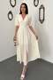 Women's Yellow Polka Dot V-Neck Gipeli Balloon Sleeve Slit Midi Dress