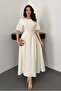 Women's Ecru Gathered Linen Blend Balloon Sleeve Tie Back Maxi Dress