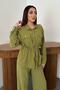 Women's Olive Shirt Pants Set Buttoned Lace-Up Ribbed Wide Leg Pants with Pockets - 3