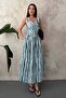 Women's Blue Striped V-Neck Sleeveless Front Detailed Lined Midi Cotton Dress - 2