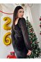 Women's Black Glittery Balloon Sleeve Square Neck Midi Evening Dress - 3