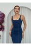 Women's Dark Blue Midi Dress Strappy Square Neck Contrast Stitching Slim Fit Midi Denim Dress