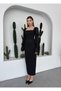 Women's Black Midi Dress Square Neck Chiffon Balloon Sleeves Ruffle Detail - 8
