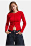 Women's Red W6-19 Belted Length Flexible Fabric Buttoned Knitwear Cardigan