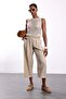 Beige Elastic Waist Wide Leg Trousers - 2