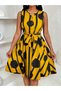 Women's sleeveless v-neck patterned short supreme dress with belted waist