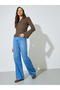Brown Button Details Flared Cuffs Ribbed Knit Polo Top - 2