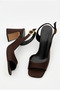 Women's Bitter Brown Satin Design Asymmetrical Strap Blunt Toe Thick Heeled Shoes - 5