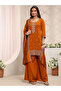 Rust Embroidered Silk Blend Straight Kurta, Palazzo And Dupatta Set - 3