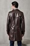 Brown Alen Buttoned Lined Slit Genuine Leather Coat - 3