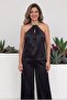 Halter Neck Beaded Accessory Satin Blouse Wide Leg Pants Double Set 7016 - 2