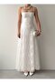 Women's Ecru Strappy Back Tie Square Neck Lace Long Evening Dress - 2