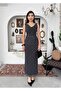 Women's Black Midi Dress with Plaid Pattern, Draped Collar, Draped Straps, Tulle - 6