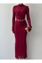 Women's Burgundy Midi Dress with Lace Detail, High Neck, Long Sleeves, Slim Fit - 2