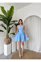 Women's Baby Blue Mini Dress Square Neck Backless Flared with Bow - 5