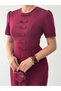 Women's Burgundy Mini Dress with Bow Detail, Short Sleeves, Crew Neck, Atlas Texture - 7