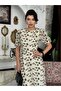 Women's Black Midi Dress Crew Neck Floral Patterned Balloon Sleeves A-Line