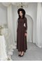 Women's Coffee Color Midi Dress with Crew Neck, Long Sleeves and Gathered Flared Skirt - 8