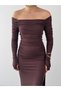 Women's Coffee Color Boat Neck Draped Long Sleeve Dress with Slit Detail - 7