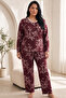 Burgundy Patterned Buttoned Cotton Lycra Large Size Oversized Knitted Pajama Set26240955 - 2