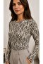 Women's Ecru Zebra Patterned Crew Neck Basic Long Sleeve Soft Stretch Fabric Blouse - 3