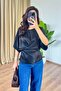 Women's Black Draped Blouse with Tie Detail, Short Sleeves, Round Neck - 2