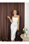 Women's White Strapless Polka Dot Gathered Floral Appliqué Slit Midi Dress - 3