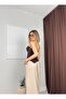 Women's Coffee Strapless Asymmetrical Cut Fitted Woven Blouse with Gathered Detail - 3