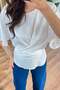 Women's White Draped Blouse with Tie Detail, Short Sleeves, Round Neck - 2
